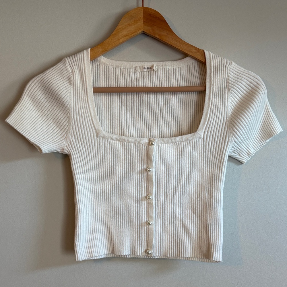 Wishlist Cream Ribbed Short Sleeve Cropped Shirt
